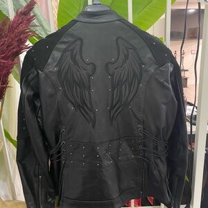 Element Black Leather Jacket with Wing Design